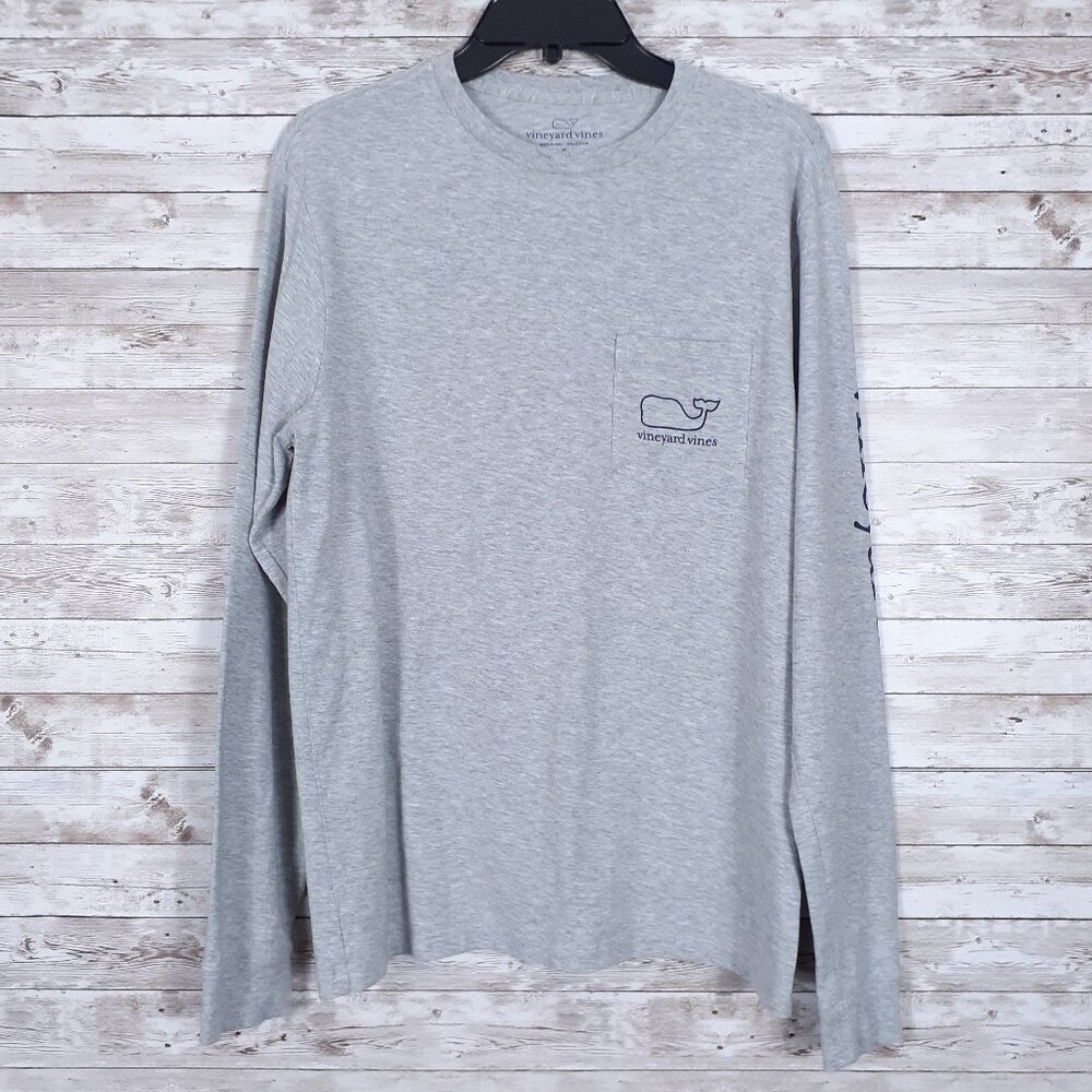 Vineyard Vines Mens Long Sleeve Tee S Gray Blue Logo Pocket 943